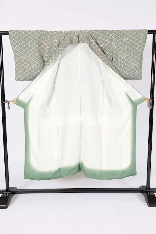 Japan used kimono fabric in green, purple, mustard yellow, gray, and coral yellow with an abstract pattern. B1468