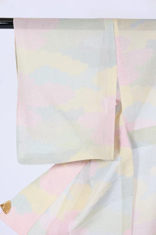 Japan used kimono Summer Tsumugi silk fabric, light blue, red, green, light yellow, cloud pattern, L55