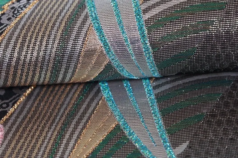 Fukuro Obi　used (formal sash) - Silver, Gold, Green, Black, Purple, Pink - Bamboo and Wave Pattern - Reversible - L10