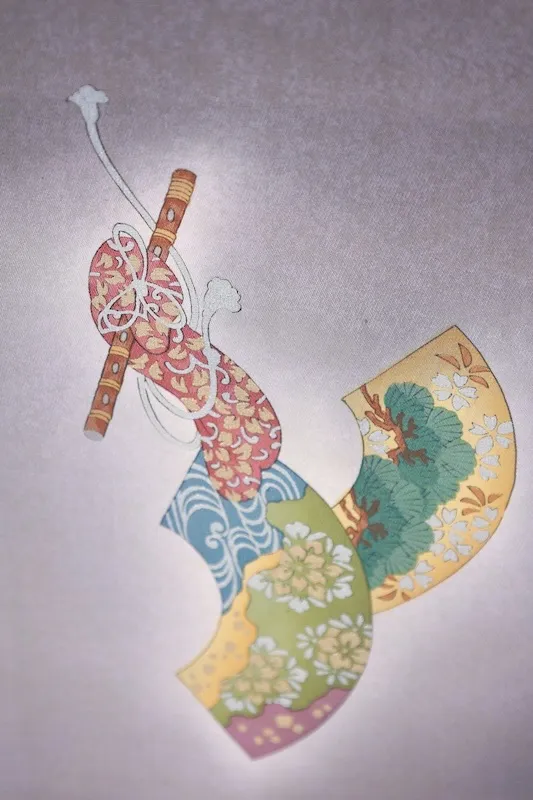 Fukuro obi used(formal sash) - Gray, Gold, Indigo, Green, Purple, Ochre, Silver - Tarumoto Isezo - Kasen (poet), Flute, Seigaiha (wave pattern), Flower - Kyo-Yuzen (Kyoto-style dyeing) - L9