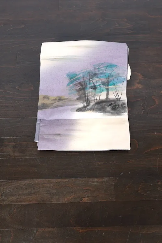 Fukuro Obi(used sash),  silk; off-white, pale purple, blue, sumi-ink black, gold, and green; hand-painted landscape design (B998)