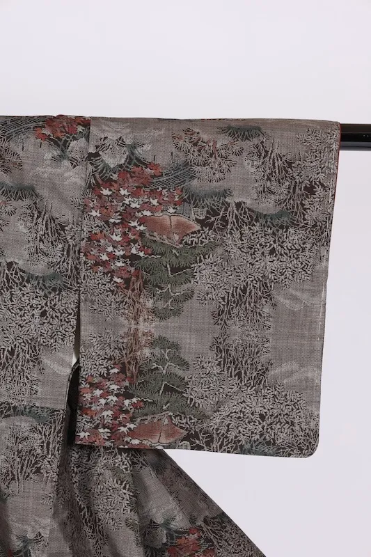 Oshima Tsumugi(Japan kimono) – Genuine Mud-Dyed & Botanical-Dyed – Brown, Indigo, Green, Red – 9-Maruki – Pastoral Landscape – G11
