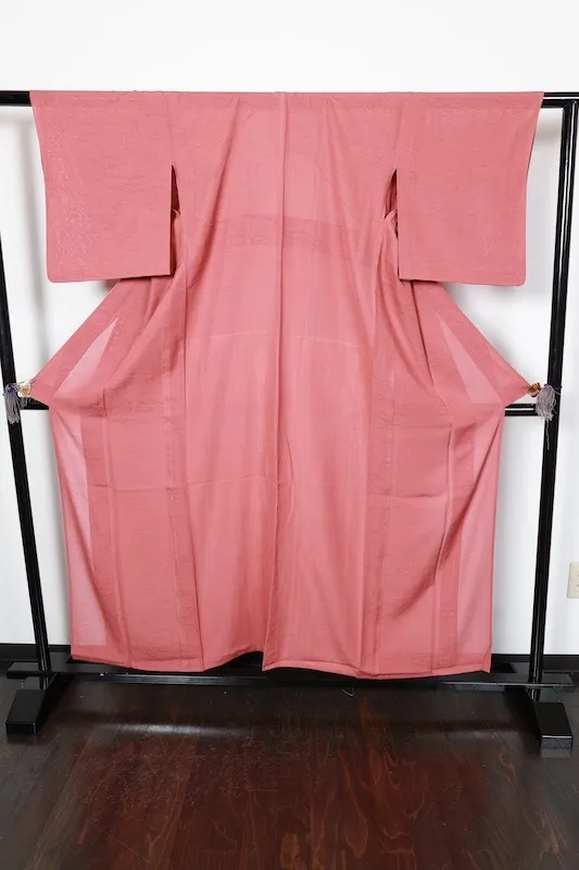 Summer used kimono, ro (gauze weave), coral color, flowing water pattern throughout, R28