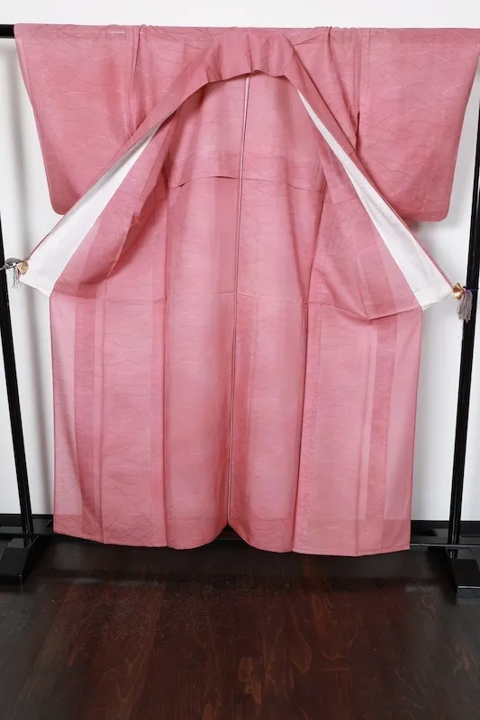Summer used kimono, Nishijin weave,  shades of coral, dewdrop grass pattern, R71