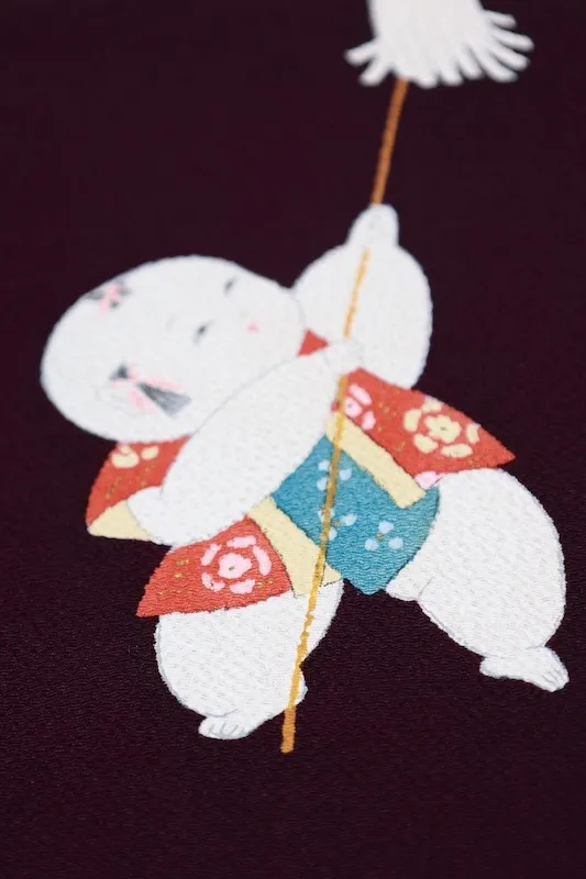 Nagoya obi used (sash), crepe silk, purple, red, white, light blue, black, hand-painted, children's design, L50