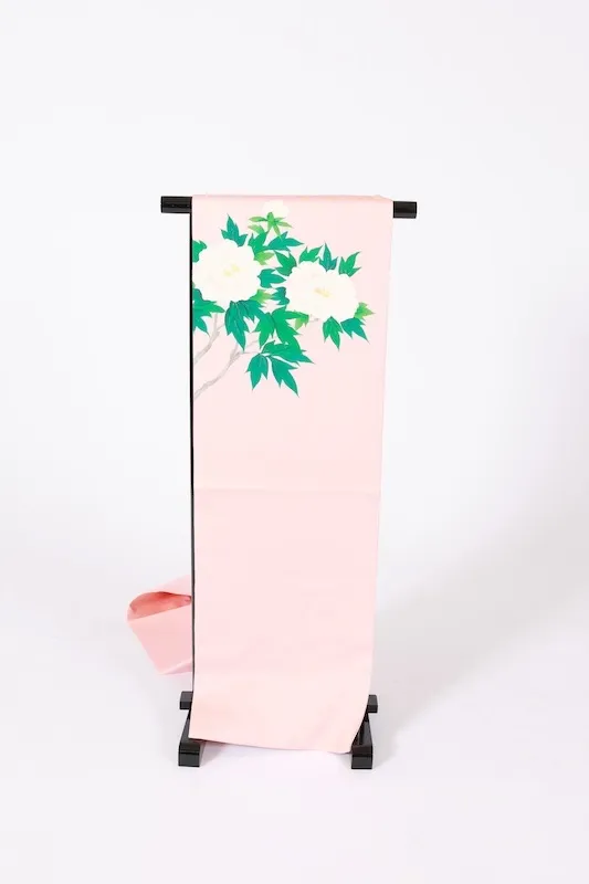 Nagoya obi used (sash), Shioze silk, cherry blossom pink, green, gray, yellow, peony, hand-painted, L52