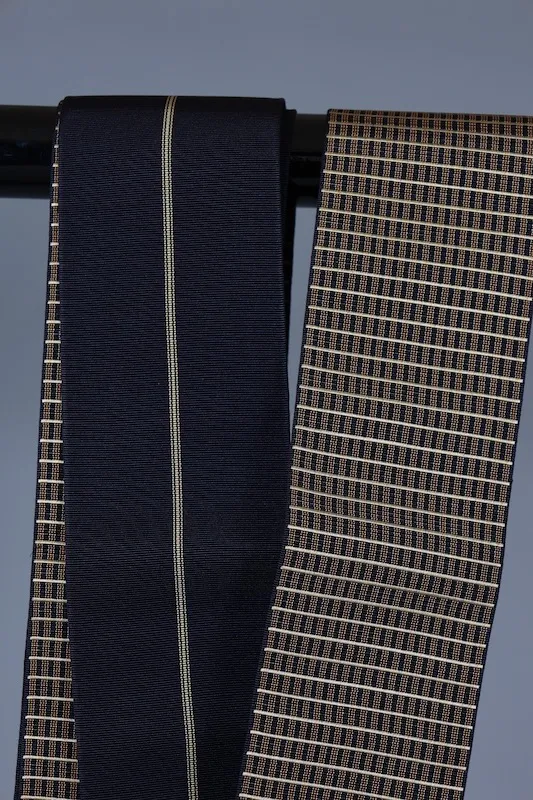 Men's Yukata used Obi (Sash) - Hakata Weave, Reversible, Dark Brown and Indigo Check Pattern, Single Stripe on the Reverse Side, L127