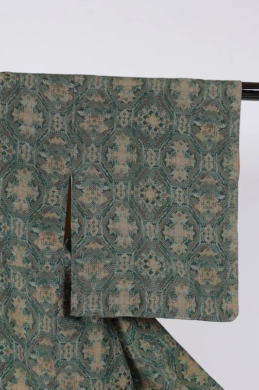 Japan Pre-loved kimono – Green & Mustard – Geometric Pattern Q8