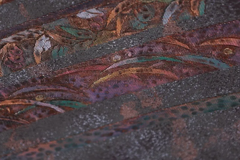 Brand new, unused obi (sash). Purple, gray, purple, green. Burnt foil, floral pattern, gold-embossed leather. L26
