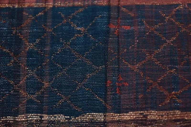 Fukuro Obi(used sash) – Watabun – Hand-woven – Shades of brown and indigo – Varied stripes – Horizontal bands – Stylized floral motifs (Karahana)B994