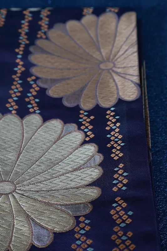 Half-width(Pre-loved sash)– Chrysanthemums (Purple, Brown, Green, Gold) – A188