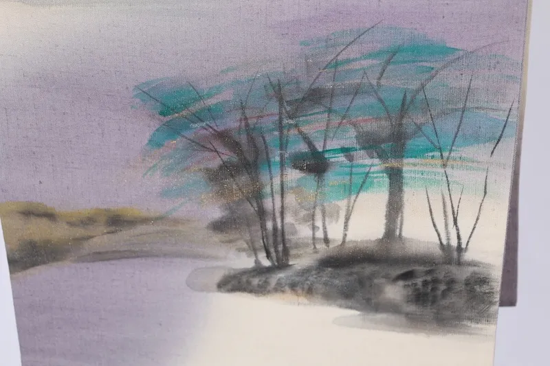 Fukuro Obi(used sash),  silk; off-white, pale purple, blue, sumi-ink black, gold, and green; hand-painted landscape design (B998)