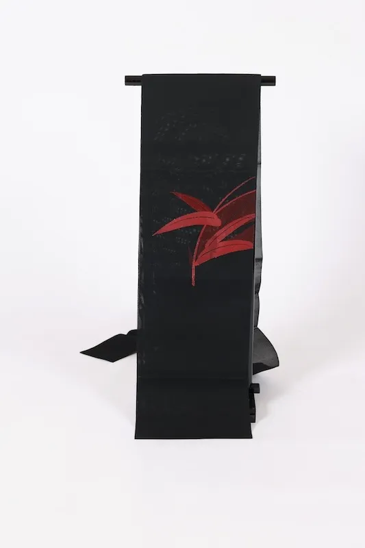 Summer Nagoya obi　used (sash), sheer fabric, black and red, bamboo leaf pattern, L24