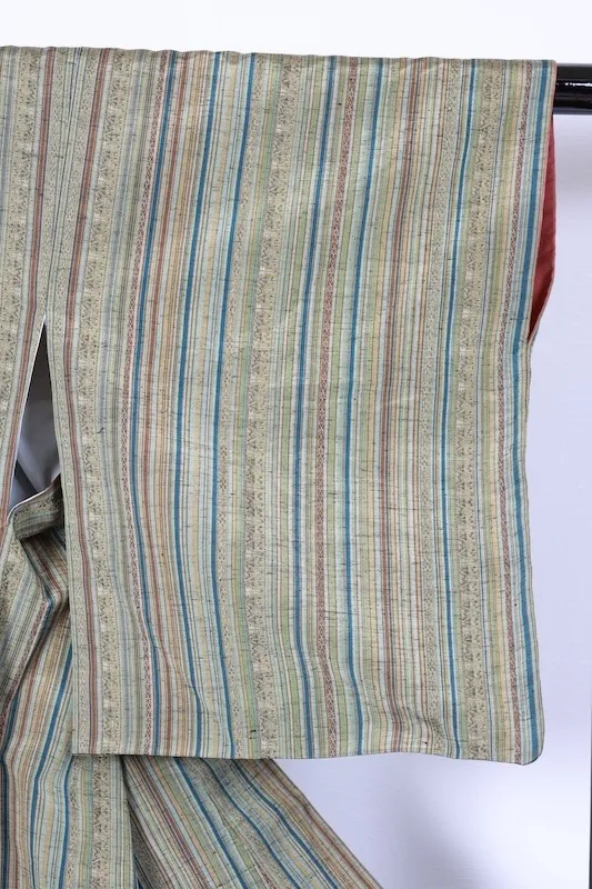 Tsumugi silk(Japan used kimono), Hakata weave, vertical stripe pattern, shades of green, indigo, brown, yellow, irregular stripes, R166