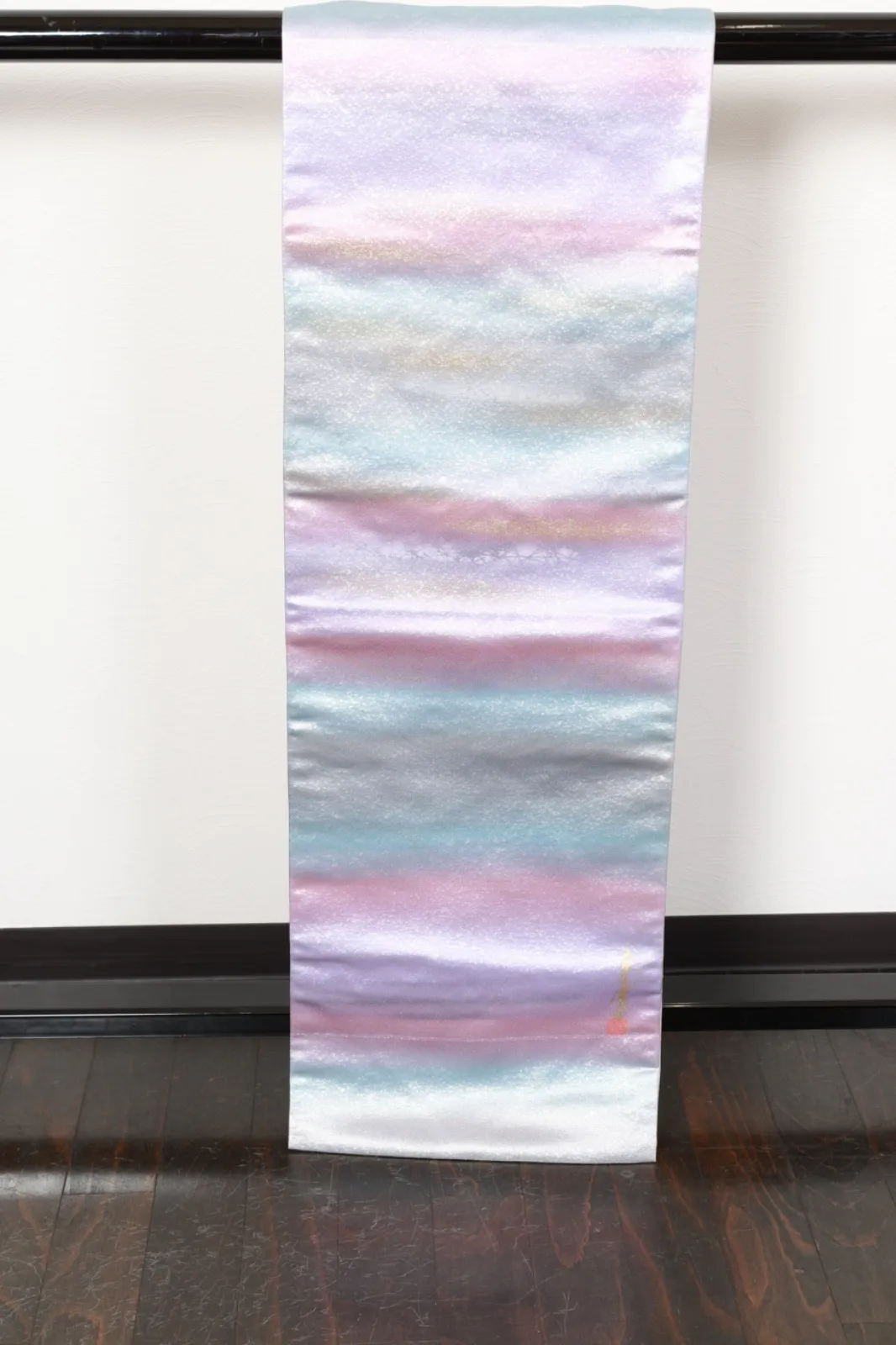 Nagoya Obi(used sash) – Blue, shades of purple, gray, silver, and gold; *hikihaku* (gold/silver leaf strip) technique – R124