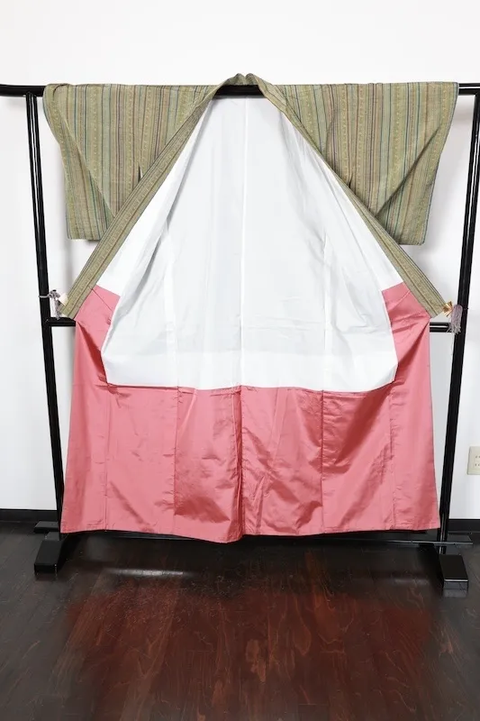 Tsumugi silk(Japan used kimono), Hakata weave, vertical stripe pattern, shades of green, indigo, brown, yellow, irregular stripes, R166