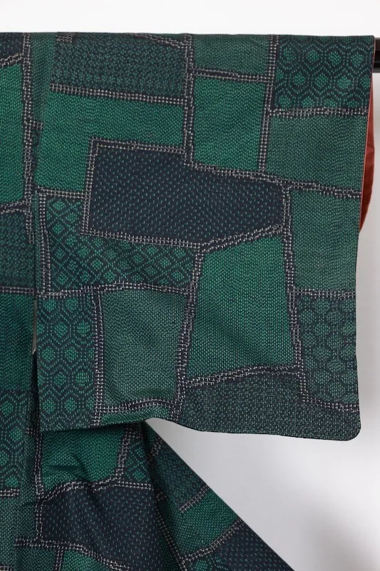 Tsumugi silk fabric, green, indigo, beige, geometric pattern, R168