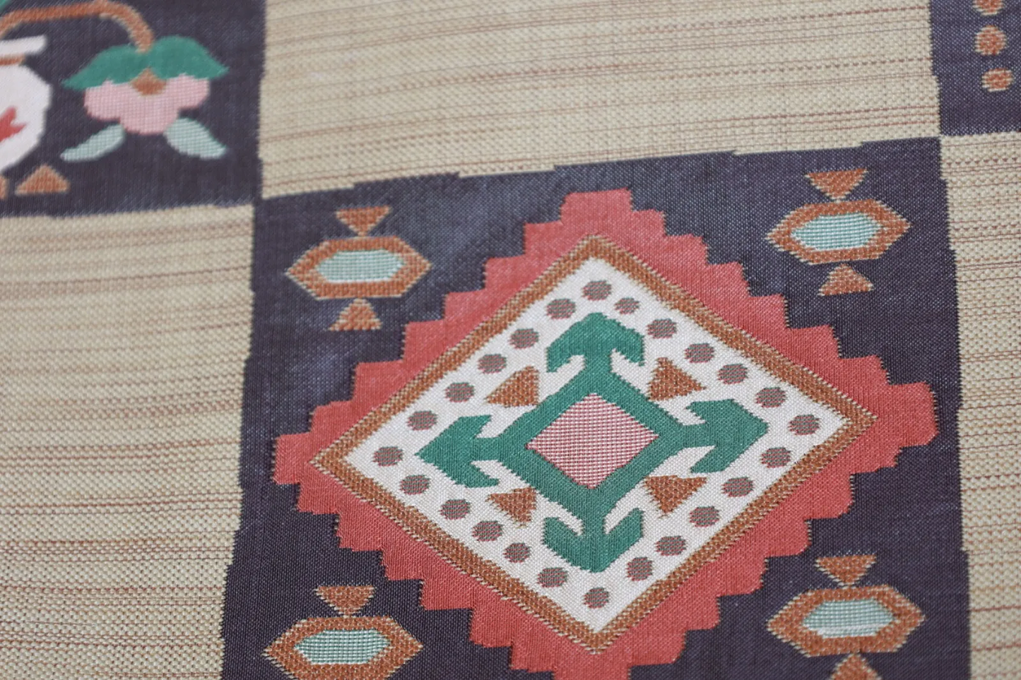 Nagoya Obi(used sash) – Mustard, Brick Red, Green, Brown R109