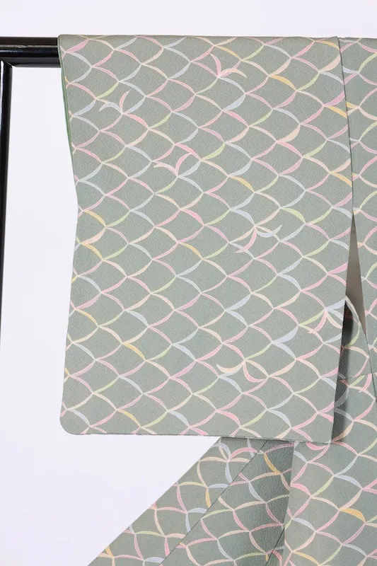 Japan used kimono fabric in green, purple, mustard yellow, gray, and coral yellow with an abstract pattern. B1468