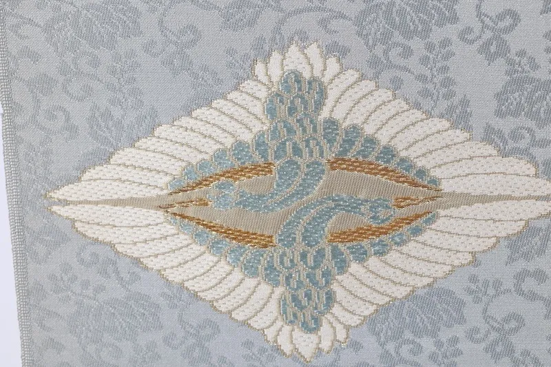 Nagoya obi (sash), brand new, unstitched, gray, green, blue, purple, gold, white, facing cranes, Tang weave, J23