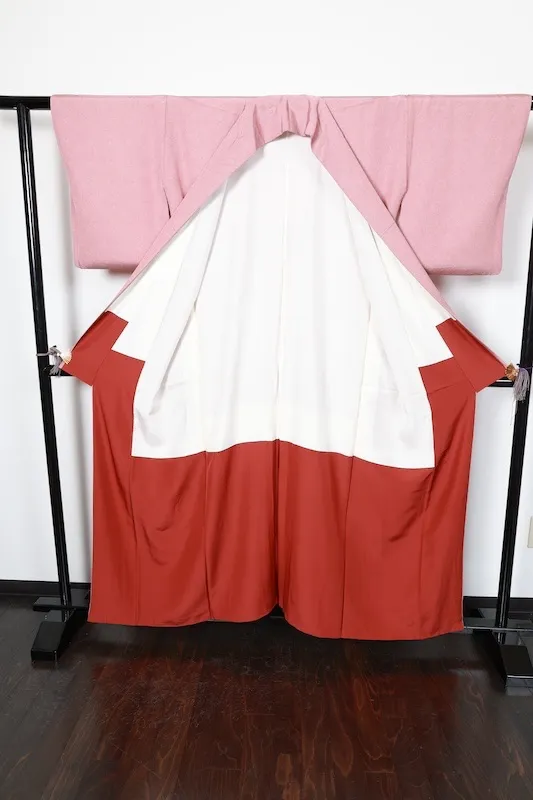 Japan used kimono Edokomon, crimson and white, stencil dyed, R169