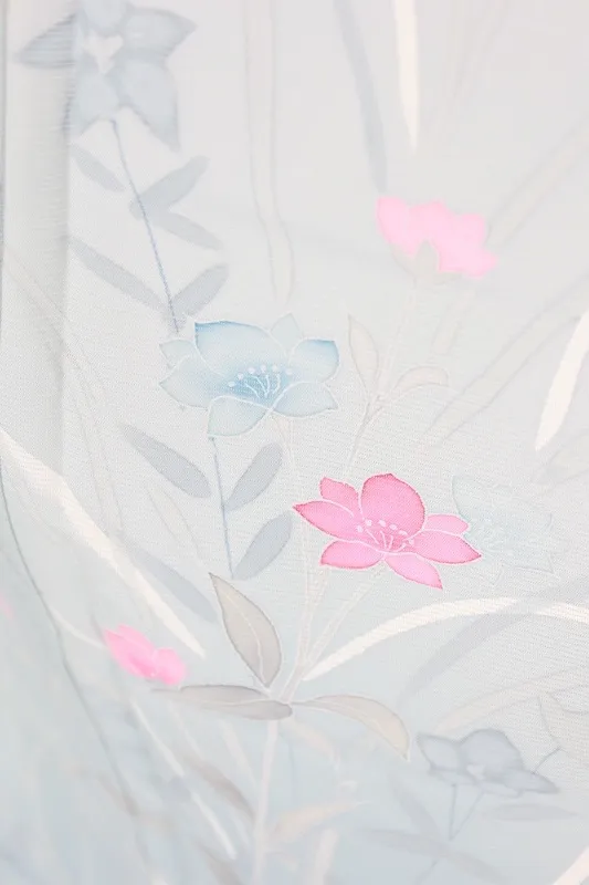 Summer formal kimono used (houmongi), ro silk, white-green, gray, white, coral, blue, floral pattern, L61