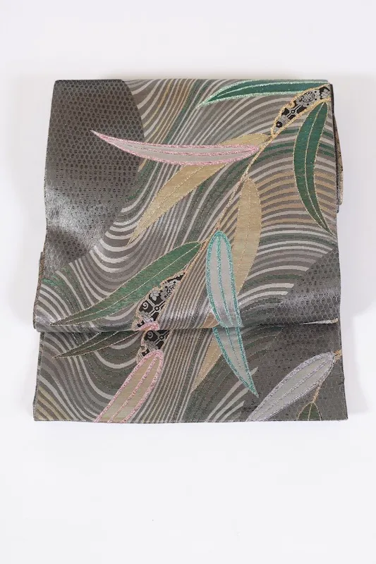 Fukuro Obi　used (formal sash) - Silver, Gold, Green, Black, Purple, Pink - Bamboo and Wave Pattern - Reversible - L10