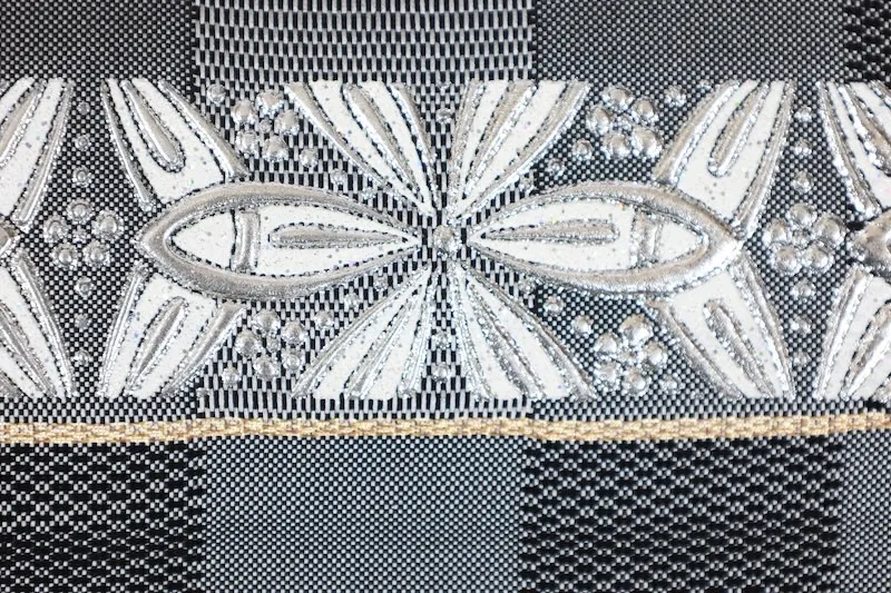 Fukuro Obi　used (sash), Kayou Textile, shades of gray, gold, silver, shades of yellow, checkered pattern, horizontal stripes, handwoven, L28