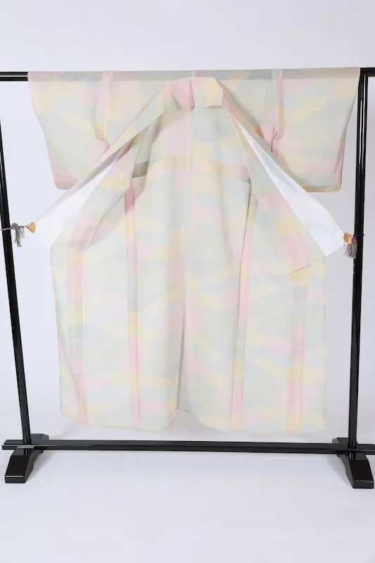 Japan used kimono Summer Tsumugi silk fabric, light blue, red, green, light yellow, cloud pattern, L55