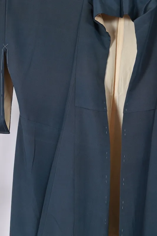 Brand-new （Japan kimono) blue-gray, gray, and white; wax-resist dyeing (roketsuzome); floral pattern; K55