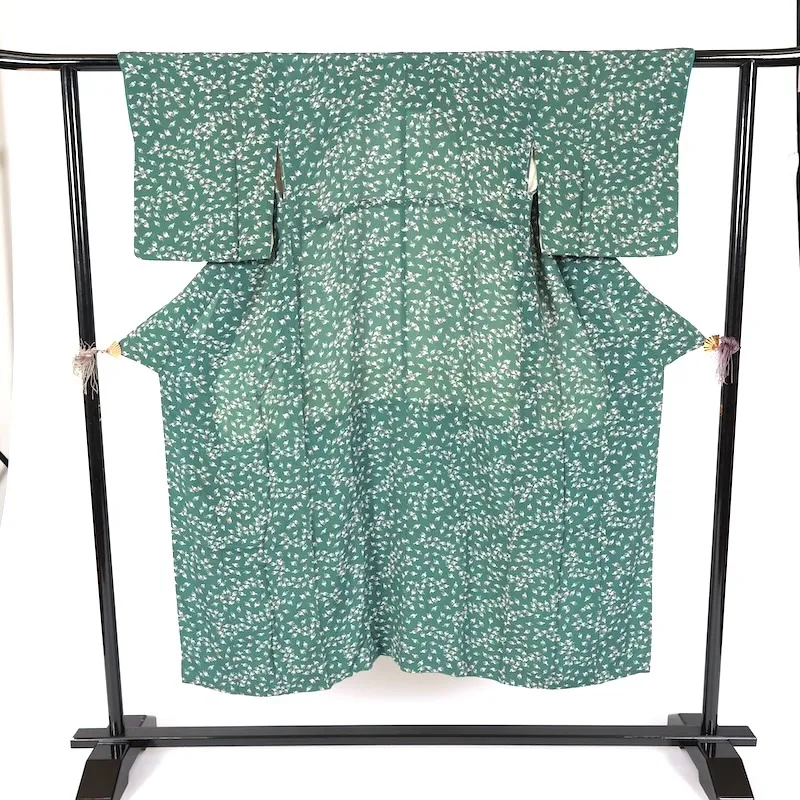Japan used Kimono – Green & Pale Purple – Birds – D002