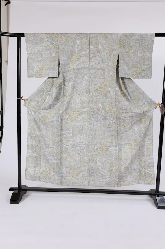 Japan Pre-loved Kimono – Gray, White, Yellow-Green, Coral Pink  – A079