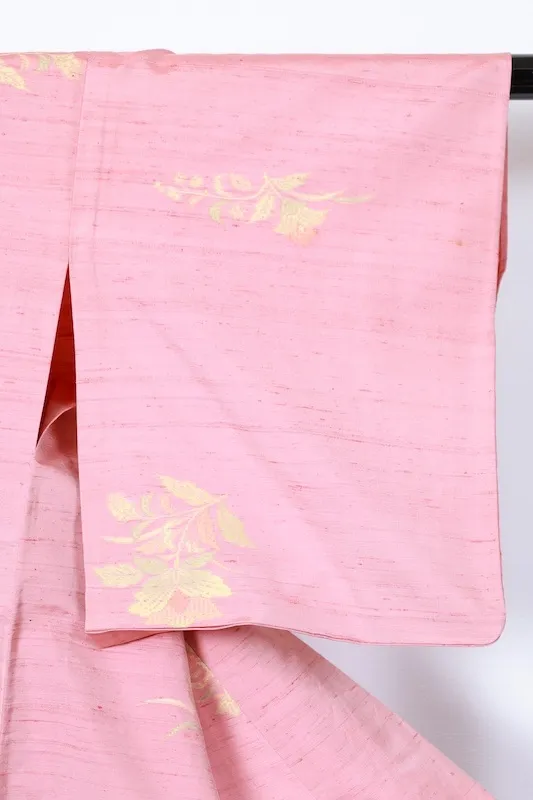 Japan used kimono(Tsumugi silk fabric), pink, yellow, green, floral pattern, handwoven, R199