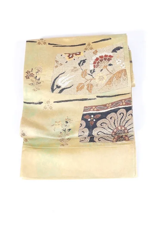 Neuer, ungenähter Fukuro-Obi (formeller Gürtel), Kanokoi-Muster, Gold, Braun, Silber, Blau, Tang-Blumenmotiv, Blattgold, L6