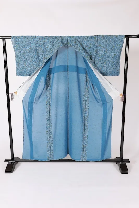 Japan Summer Komon (used kimono), ro (black), blue, green, white, small floral pattern, L64