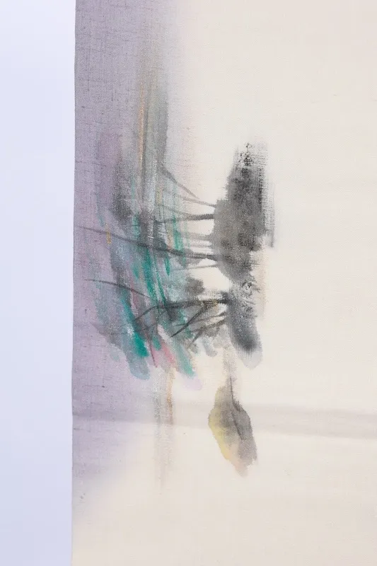 Fukuro Obi(used sash),  silk; off-white, pale purple, blue, sumi-ink black, gold, and green; hand-painted landscape design (B998)