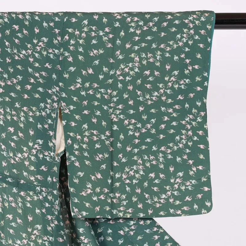 Japan used Kimono – Green & Pale Purple – Birds – D002