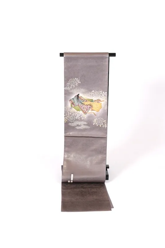 Fukuro obi used(formal sash) - Gray, Gold, Indigo, Green, Purple, Ochre, Silver - Tarumoto Isezo - Kasen (poet), Flute, Seigaiha (wave pattern), Flower - Kyo-Yuzen (Kyoto-style dyeing) - L9