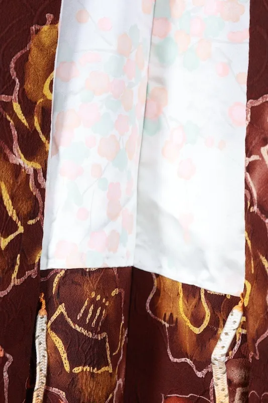Japan used Haori – Brown, Yellow, Beige – Peony Pattern – Puffed Weave – T166
