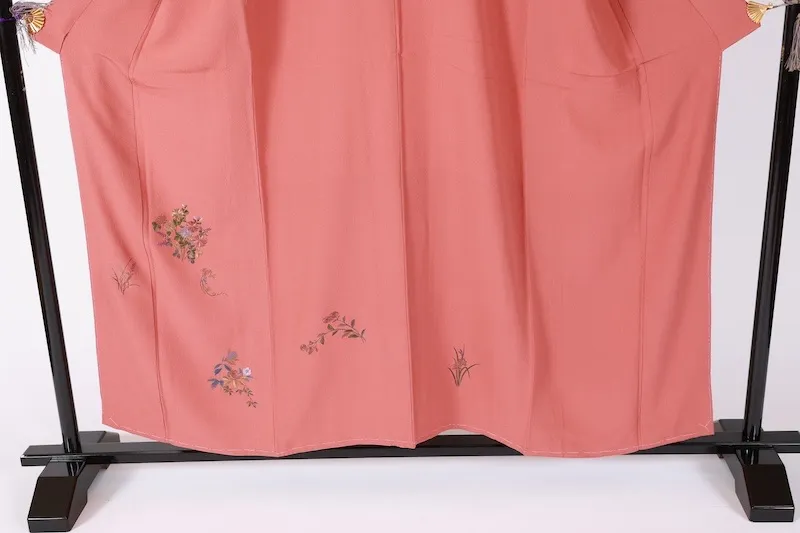 Tsukesage Kimono – Brand New & Unused – Salmon Pink, Green, Purple, Gray – Floral Design – Hand-Embroidered – B1409