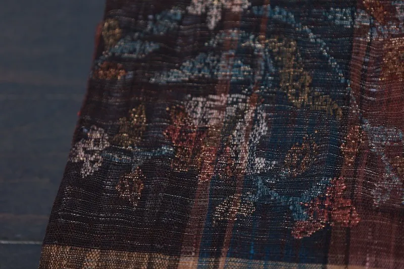 Fukuro Obi(used sash) – Watabun – Hand-woven – Shades of brown and indigo – Varied stripes – Horizontal bands – Stylized floral motifs (Karahana)B994