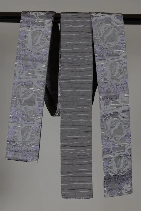 Men's Yukata Obi used (Sash) - Grayish and Purple with Hannya Mask Design, Horizontal Stripes on the Reverse Side, Reversible, L130