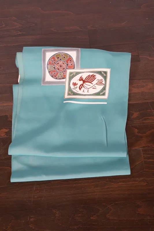 Nagoya Obi(sash) – Brand New, Unfinished – Shioze Silk – Turquoise, Gray, Green, Brown, Purple  – A404