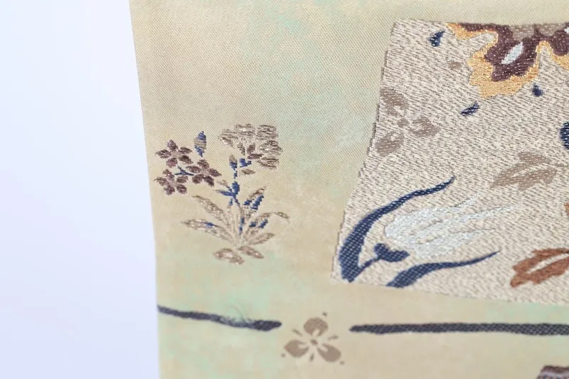 Neuer, ungenähter Fukuro-Obi (formeller Gürtel), Kanokoi-Muster, Gold, Braun, Silber, Blau, Tang-Blumenmotiv, Blattgold, L6