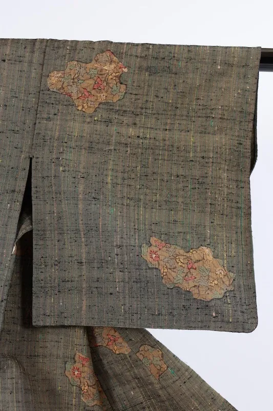 Japan Pre-loved silk kimono green, brown, rusty vermilion, and yellow; hand-woven and hand-painted; A094.