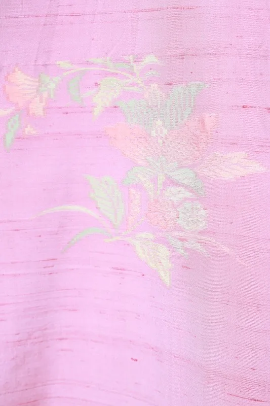 Japan used kimono(Tsumugi silk fabric), pink, yellow, green, floral pattern, handwoven, R199