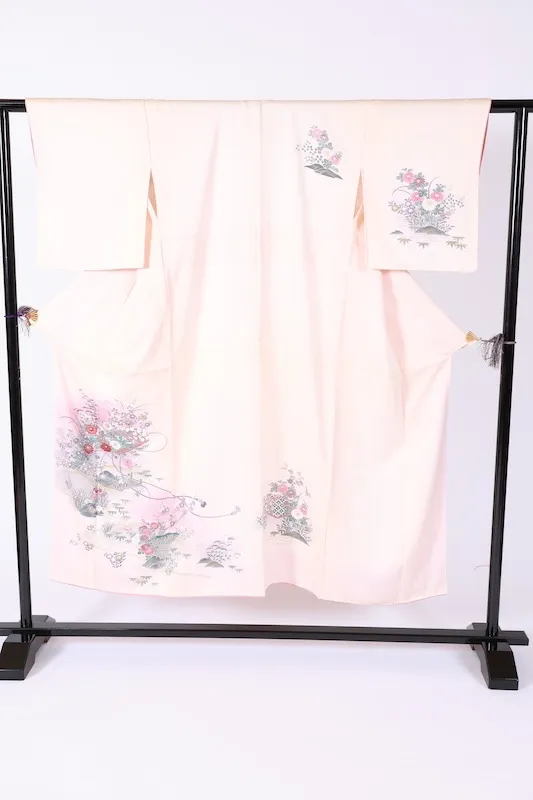 Visiting kimono used, cherry blossom pink, gray, gold, coral red, purple, indigo, green, Kyo-Yuzen dyeing, B1406