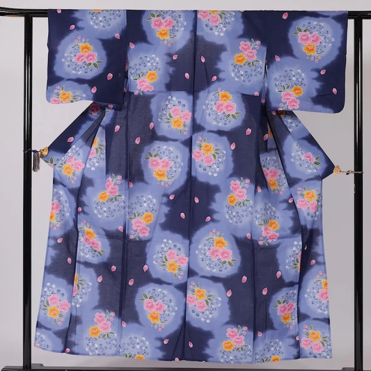 Yukata used (summer kimono) - Navy blue with cherry blossom pattern / A23
