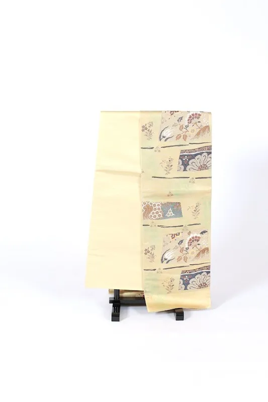 Neuer, ungenähter Fukuro-Obi (formeller Gürtel), Kanokoi-Muster, Gold, Braun, Silber, Blau, Tang-Blumenmotiv, Blattgold, L6