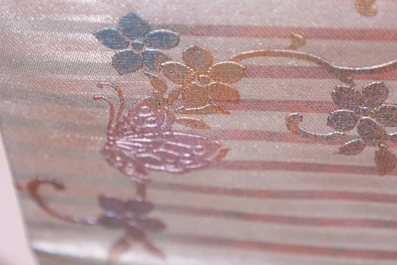 Nagoya Obi(used sash) – Silver, Champagne Pink, Gold – Horizontal Stripes, Butterflies, Flowers, Mother-of-Pearl Inlay (Raden) – R224